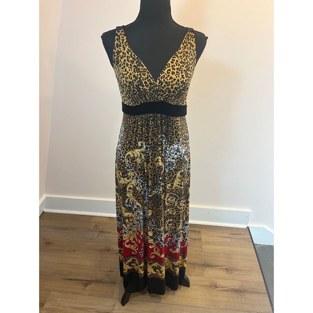 Soma Women Small Leopard Baroque Floral Print Maxi Dress V-Neck Empire Waist